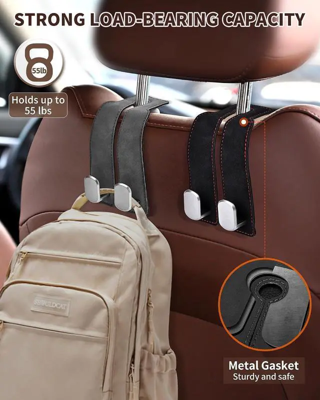 Alt view image 2 of 7 - Headrest Hooks for Car, 4 Pack Car Seat Back Organizer Storage Hook, Double Hook Car Seat Hooks for Hanger Purses and Bags, Leather Purse Holder for Car, Black