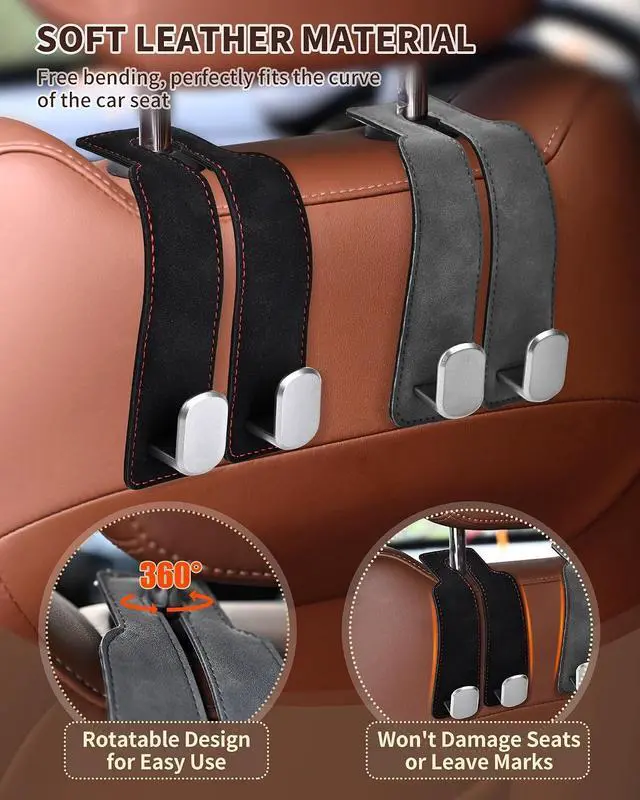 Alt view image 3 of 7 - Headrest Hooks for Car, 4 Pack Car Seat Back Organizer Storage Hook, Double Hook Car Seat Hooks for Hanger Purses and Bags, Leather Purse Holder for Car, Black