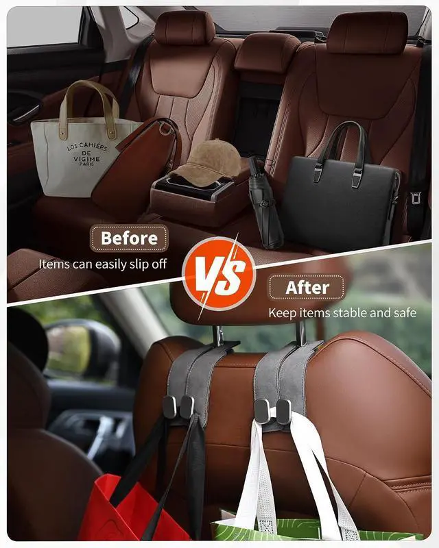 Alt view image 5 of 7 - Headrest Hooks for Car, 4 Pack Car Seat Back Organizer Storage Hook, Double Hook Car Seat Hooks for Hanger Purses and Bags, Leather Purse Holder for Car, Black