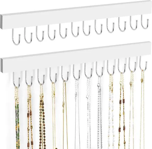 Main image of ZEDODIER 2 Pack Necklace Organizer Wall Mount, Wooden Jewelry Hanger Necklace Holder with 24 Hooks,Hanging Jewelry Organizer, White