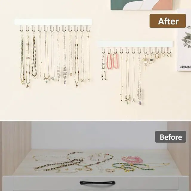 Alt view image 2 of 6 - ZEDODIER 2 Pack Necklace Organizer Wall Mount, Wooden Jewelry Hanger Necklace Holder with 24 Hooks,Hanging Jewelry Organizer, White