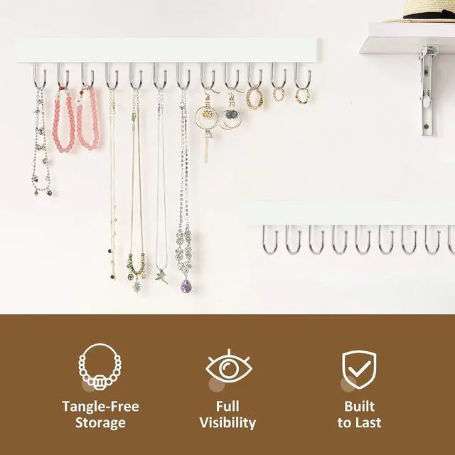 Alt view image 3 of 6 - ZEDODIER 2 Pack Necklace Organizer Wall Mount, Wooden Jewelry Hanger Necklace Holder with 24 Hooks,Hanging Jewelry Organizer, White
