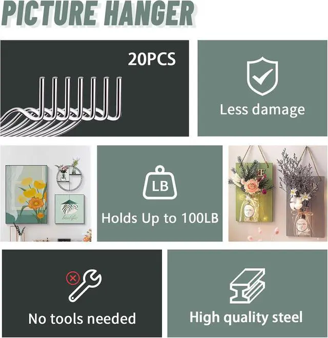 Alt view image 3 of 7 - FURHUA 20pcs Super Hook Picture Hangers and Office Pack, Drywall Hooks for Hanging Pictures, Wall Hooks, Picture Hangers, Picture Hanging KitHang Art, Clock, Shelves, Mirrors