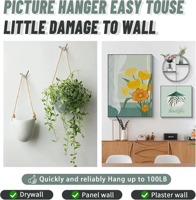 Alt view image 6 of 7 - FURHUA 20pcs Super Hook Picture Hangers and Office Pack, Drywall Hooks for Hanging Pictures, Wall Hooks, Picture Hangers, Picture Hanging KitHang Art, Clock, Shelves, Mirrors