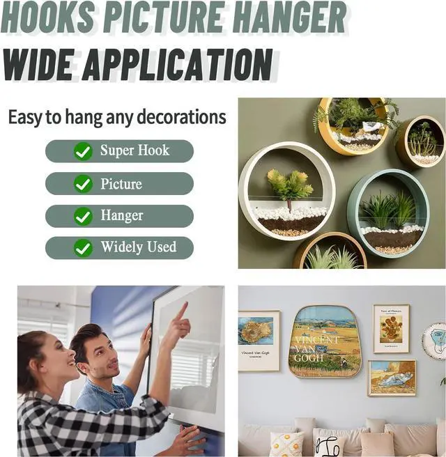Alt view image 7 of 7 - FURHUA 20pcs Super Hook Picture Hangers and Office Pack, Drywall Hooks for Hanging Pictures, Wall Hooks, Picture Hangers, Picture Hanging KitHang Art, Clock, Shelves, Mirrors