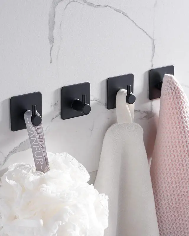 Main image of 4 Pack Adhesive Hooks, Black Towel Hook for Bathrooms, Heavy Duty Stainless Steel Wall Hook, Waterproof Stick on Hook, Hooks for Hanging Robe, Key, Coat, Clothes