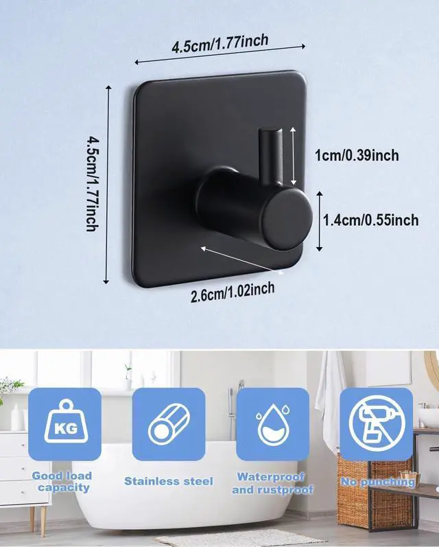 Alt view image 3 of 7 - 4 Pack Adhesive Hooks, Black Towel Hook for Bathrooms, Heavy Duty Stainless Steel Wall Hook, Waterproof Stick on Hook, Hooks for Hanging Robe, Key, Coat, Clothes