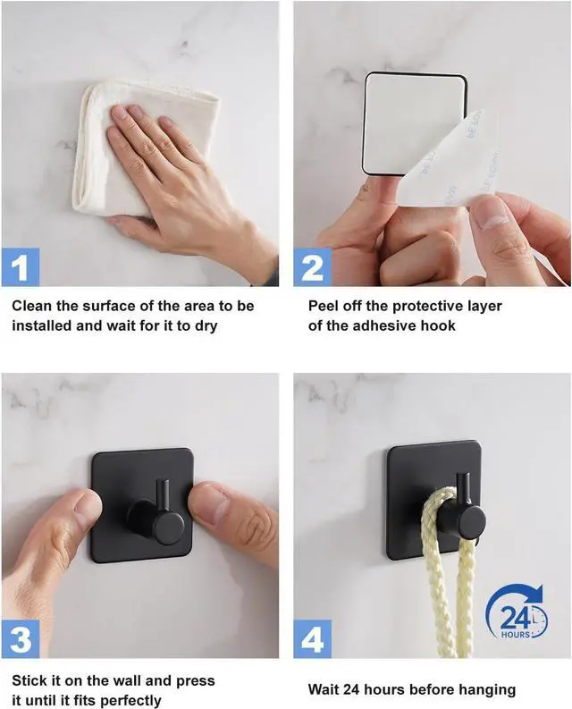 Alt view image 4 of 7 - 4 Pack Adhesive Hooks, Black Towel Hook for Bathrooms, Heavy Duty Stainless Steel Wall Hook, Waterproof Stick on Hook, Hooks for Hanging Robe, Key, Coat, Clothes