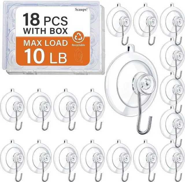 Main image of 18 Pack Suction Cup Hooks Max Load 10LB, 1.77Inch Suction Cup Hook for Glass Window, Reusable, Suitable for Glass, Windows, Bathrooms, Kitchens, Tiles, Shower Cubicles
