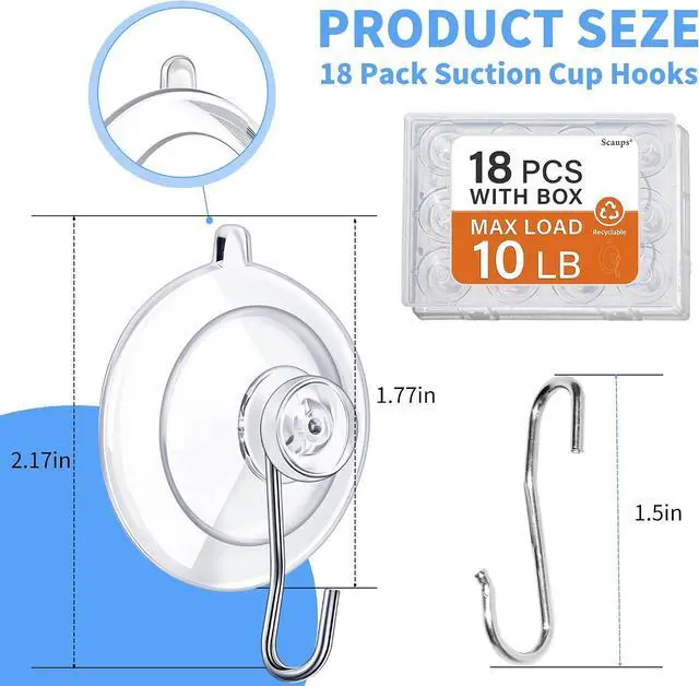 Alt view image 2 of 7 - 18 Pack Suction Cup Hooks Max Load 10LB, 1.77Inch Suction Cup Hook for Glass Window, Reusable, Suitable for Glass, Windows, Bathrooms, Kitchens, Tiles, Shower Cubicles