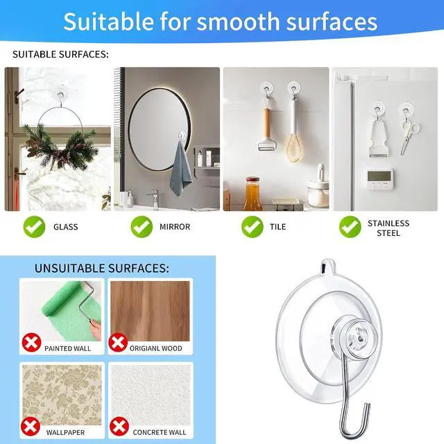 Alt view image 6 of 7 - 18 Pack Suction Cup Hooks Max Load 10LB, 1.77Inch Suction Cup Hook for Glass Window, Reusable, Suitable for Glass, Windows, Bathrooms, Kitchens, Tiles, Shower Cubicles