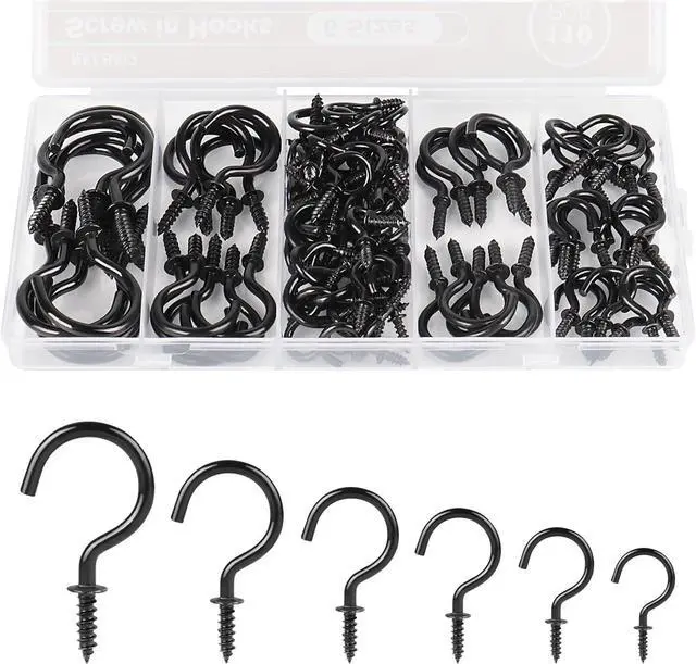 Main image of RELBRO Screw Hooks, 6 Sizes Metal Screw in Cup Hooks, Black, 110 Pcs