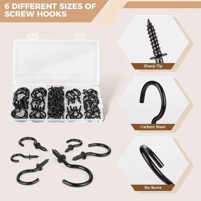 Alt view image 4 of 7 - RELBRO Screw Hooks, 6 Sizes Metal Screw in Cup Hooks, Black, 110 Pcs
