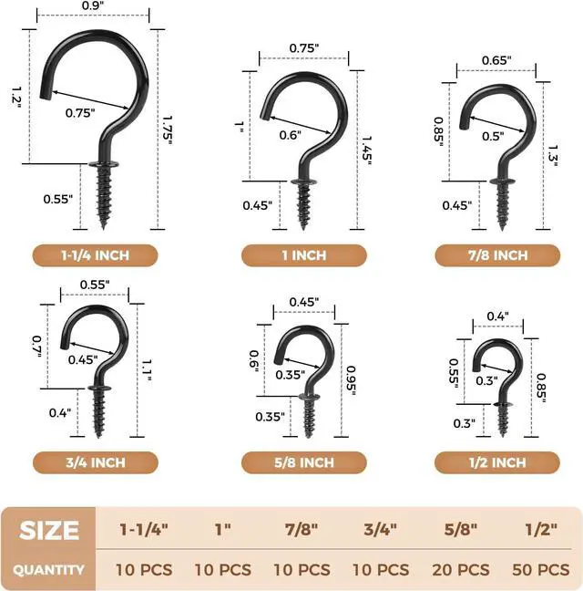 Alt view image 3 of 7 - RELBRO Screw Hooks, 6 Sizes Metal Screw in Cup Hooks, Black, 110 Pcs