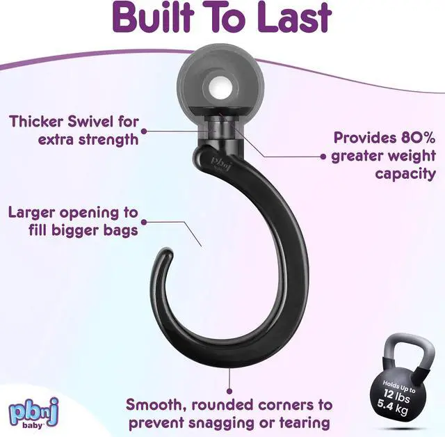 Alt view image 6 of 7 - PBnJ Baby Stroller Hooks for Diaper Bags, Purses and Travel, 2 Pack