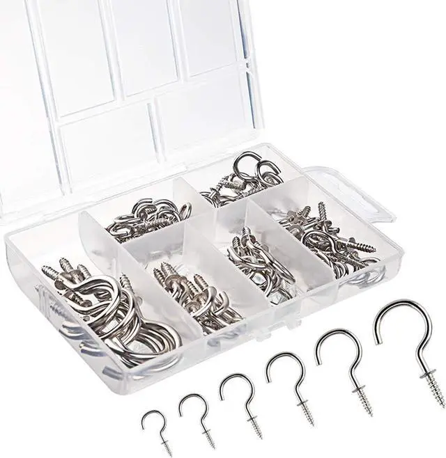 Main image of KUUQA 75 Pcs Multi-Size Nickel Plated Metal Ceiling Hooks Screw Cup Hook Holder (Silver)