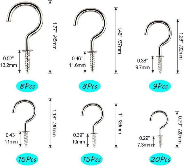 Alt view image 2 of 7 - KUUQA 75 Pcs Multi-Size Nickel Plated Metal Ceiling Hooks Screw Cup Hook Holder (Silver)