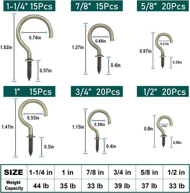 Alt view image 2 of 7 - EIENHOSHI 105 Pcs Screw Hooks, 6 Sizes Bronze Cup Hooks, Screw Hooks for Hanging, Metal Cup Hooks Screw in (1/2", 5/8", 3/4", 7/8", 1'', 1-1/4")