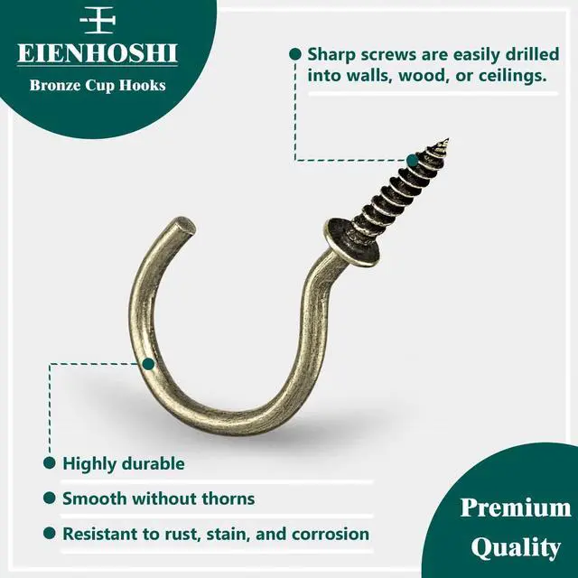 Alt view image 3 of 7 - EIENHOSHI 105 Pcs Screw Hooks, 6 Sizes Bronze Cup Hooks, Screw Hooks for Hanging, Metal Cup Hooks Screw in (1/2", 5/8", 3/4", 7/8", 1'', 1-1/4")