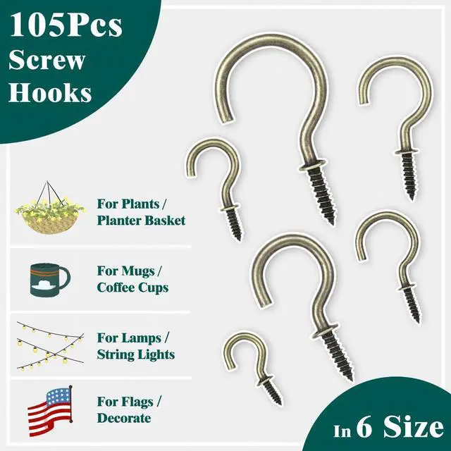 Alt view image 4 of 7 - EIENHOSHI 105 Pcs Screw Hooks, 6 Sizes Bronze Cup Hooks, Screw Hooks for Hanging, Metal Cup Hooks Screw in (1/2", 5/8", 3/4", 7/8", 1'', 1-1/4")