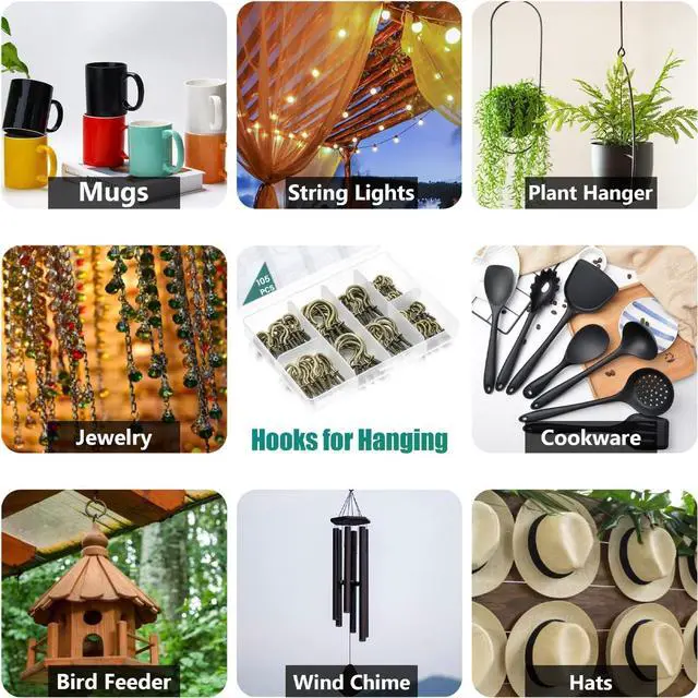 Alt view image 6 of 7 - EIENHOSHI 105 Pcs Screw Hooks, 6 Sizes Bronze Cup Hooks, Screw Hooks for Hanging, Metal Cup Hooks Screw in (1/2", 5/8", 3/4", 7/8", 1'', 1-1/4")