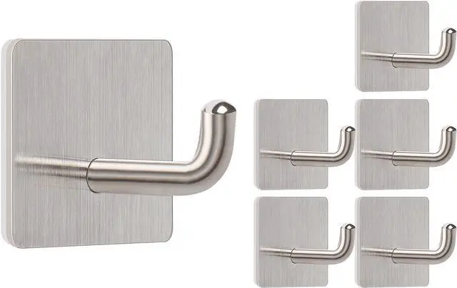 Main image of Livabber Adhesive Towel Hooks, 304 Stainless Steel Self Sticky Wall Hooks Waterproof Shower Hooks for Robe/Clothes, No Drilling Towel Hangers for Bathroom Kitchen Bedroom (Brushed Nickel, 6 Packs)