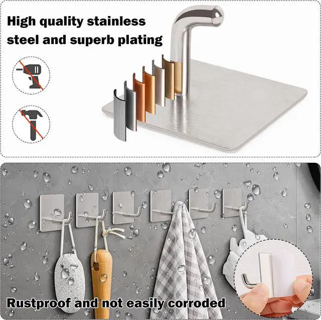 Alt view image 3 of 7 - Livabber Adhesive Towel Hooks, 304 Stainless Steel Self Sticky Wall Hooks Waterproof Shower Hooks for Robe/Clothes, No Drilling Towel Hangers for Bathroom Kitchen Bedroom (Brushed Nickel, 6 Packs)