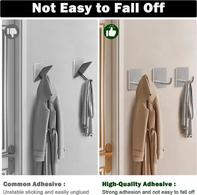 Alt view image 4 of 7 - Livabber Adhesive Towel Hooks, 304 Stainless Steel Self Sticky Wall Hooks Waterproof Shower Hooks for Robe/Clothes, No Drilling Towel Hangers for Bathroom Kitchen Bedroom (Brushed Nickel, 6 Packs)