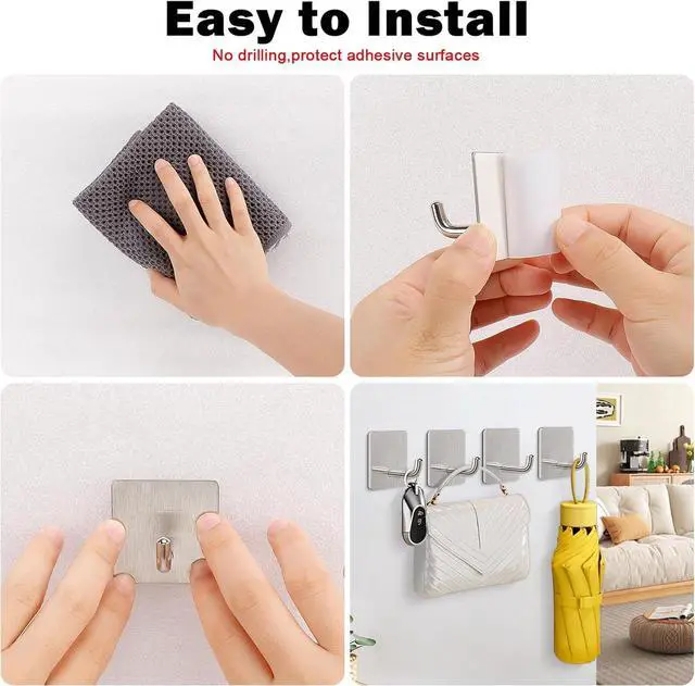 Alt view image 5 of 7 - Livabber Adhesive Towel Hooks, 304 Stainless Steel Self Sticky Wall Hooks Waterproof Shower Hooks for Robe/Clothes, No Drilling Towel Hangers for Bathroom Kitchen Bedroom (Brushed Nickel, 6 Packs)