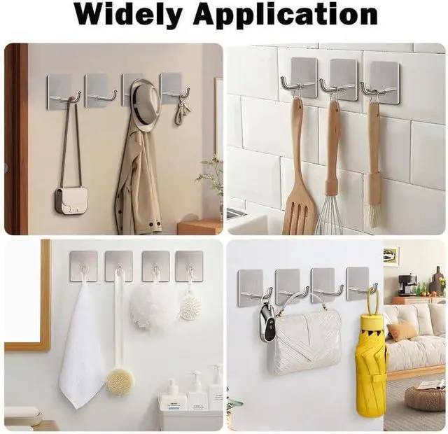 Alt view image 6 of 7 - Livabber Adhesive Towel Hooks, 304 Stainless Steel Self Sticky Wall Hooks Waterproof Shower Hooks for Robe/Clothes, No Drilling Towel Hangers for Bathroom Kitchen Bedroom (Brushed Nickel, 6 Packs)