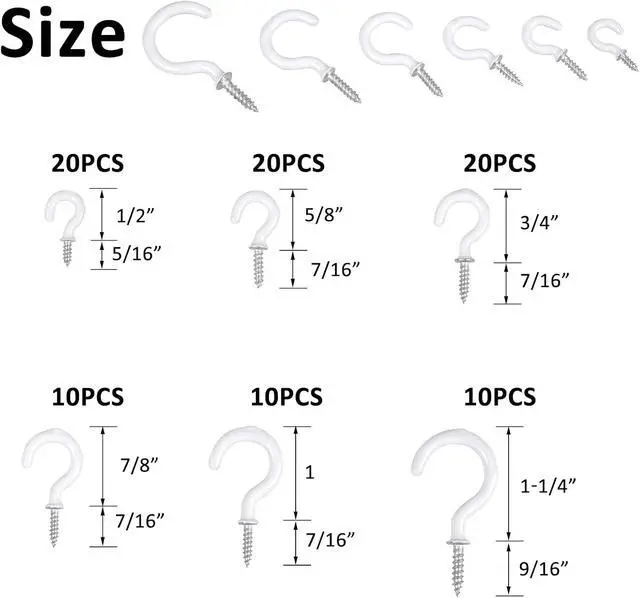 Alt view image 2 of 7 - Romeda 90 Pcs White Ceiling Hooks kit, 6 Sizes Vinyl Coated Screw-in Plant, Kitchen, Cup, Ceiling Hooks for Hanging (1/2in, 5/8in,3/4in,7/8in,1'',1-1/4in)