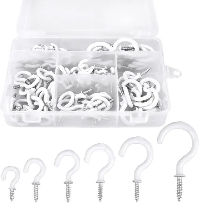 Main image of Romeda 90 Pcs White Ceiling Hooks kit, 6 Sizes Vinyl Coated Screw-in Plant, Kitchen, Cup, Ceiling Hooks for Hanging (1/2in, 5/8in,3/4in,7/8in,1'',1-1/4in)