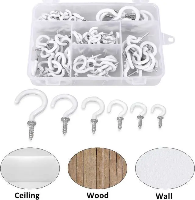 Alt view image 5 of 7 - Romeda 90 Pcs White Ceiling Hooks kit, 6 Sizes Vinyl Coated Screw-in Plant, Kitchen, Cup, Ceiling Hooks for Hanging (1/2in, 5/8in,3/4in,7/8in,1'',1-1/4in)