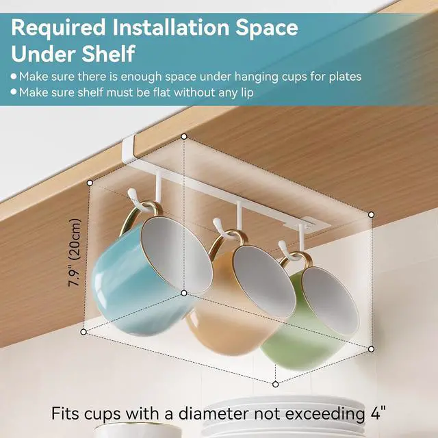Alt view image 5 of 7 - ECROCY Coffee Mug Holder Under Cabinet Only Fits Shelves up to 3/4" Thick, Clip-On Coffee Cup Holder Pack of 3, No Drilling Free Damage
