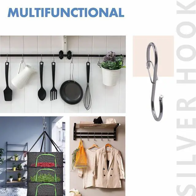 Alt view image 5 of 7 - Vantasii 10 Pack S Hooks for Hanging, Rustproof S-Shaped Hook with Safety Buckle Heavy Duty Metal S Hanging Hook for Clothes, Pots, Pans, Kitchen Utensil, Cubicle, Closet Rob, Bags(3.5 inch, Silvery)