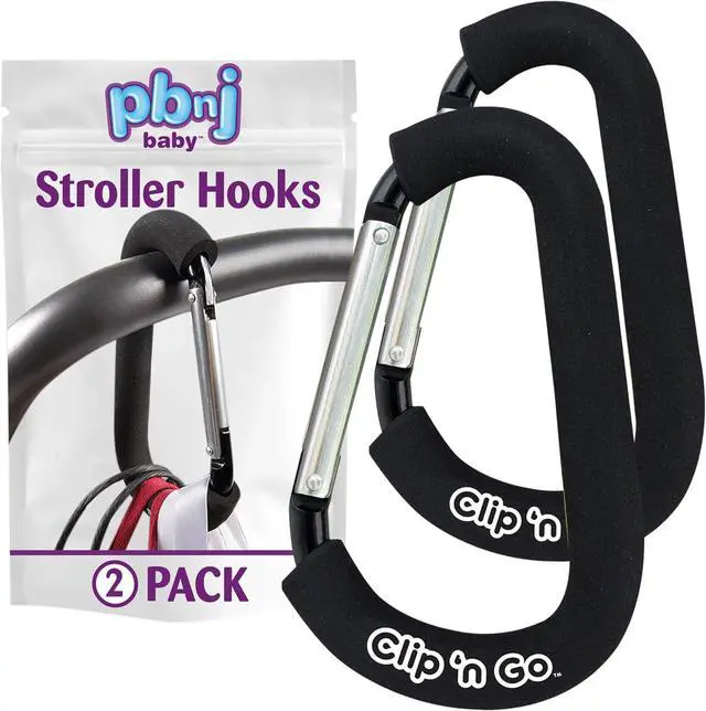 Main image of PBnJ Baby Stroller Hooks, Large Carabiner Clip, Diaper Bag Purse, 2 Pack
