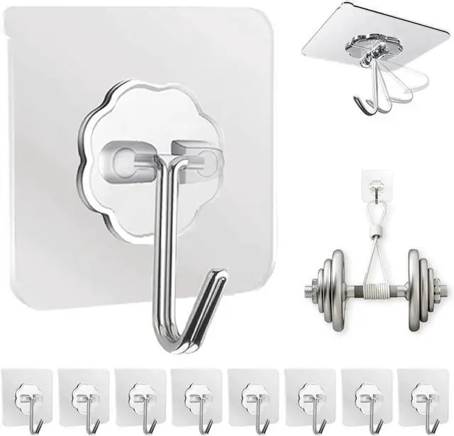 Main image of DDMY Adhesive Wall Hooks Clear 50lb(Max) Heavy Duty Hanging Sticky-10 Pack
