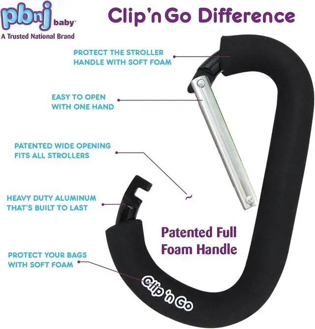 Alt view image 7 of 7 - PBnJ Baby Stroller Hooks, Large Carabiner Clip, Diaper Bag Purse, 2 Pack