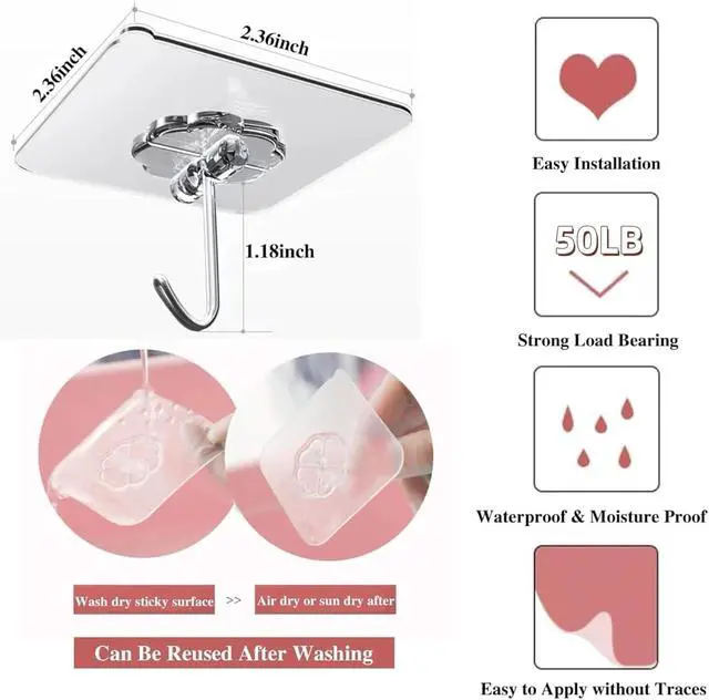 Alt view image 2 of 7 - DDMY Adhesive Wall Hooks Clear 50lb(Max) Heavy Duty Hanging Sticky-10 Pack