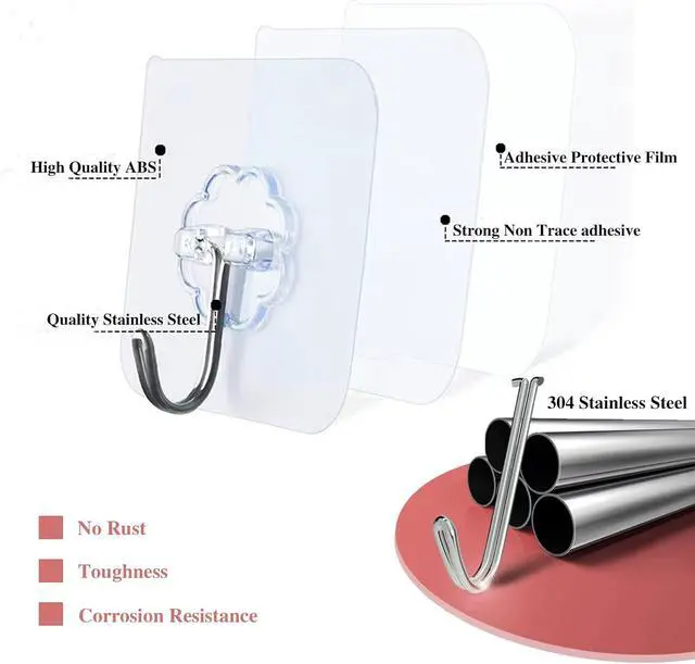 Alt view image 6 of 7 - DDMY Adhesive Wall Hooks Clear 50lb(Max) Heavy Duty Hanging Sticky-10 Pack