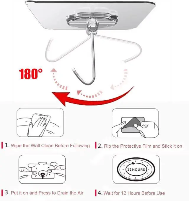 Alt view image 7 of 7 - DDMY Adhesive Wall Hooks Clear 50lb(Max) Heavy Duty Hanging Sticky-10 Pack