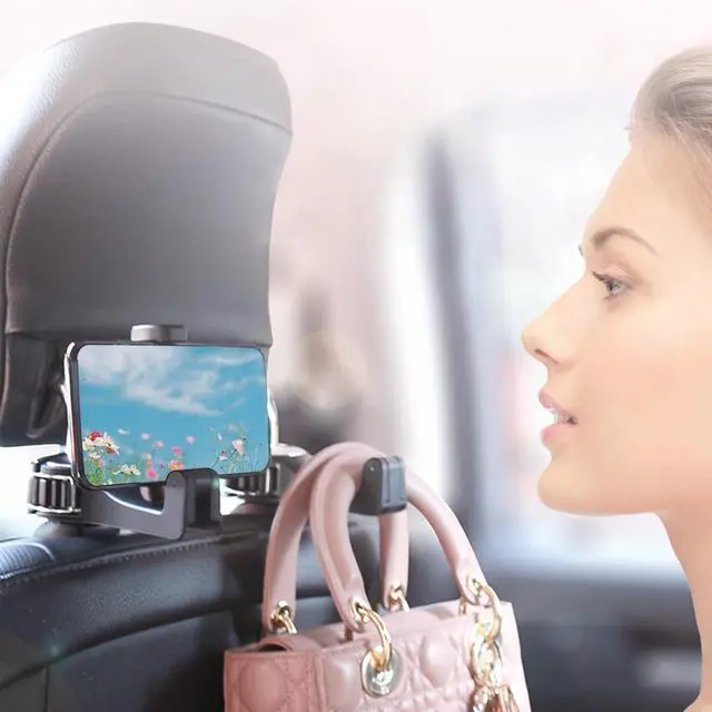 Alt view image 3 of 6 - Car Headrest Hook with Phone Holder, Universal 360 Rotation Headrest Hooks for Purses and Bags (Silver)