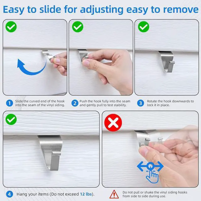 Alt view image 7 of 7 - Amuille Vinyl Siding Hooks Hanger 10 Pack, Heavy Duty Siding Clips for Hanging on Patio, No-Hole Needed Stainless Steel Siding Hook to Decor Wreath Things for Horizontal Vinyl Siding