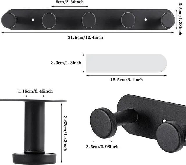 Alt view image 2 of 7 - Coat Hooks Wall Mounted , Black Coat Rack with 5 Hooks, Adhesive Or Screw