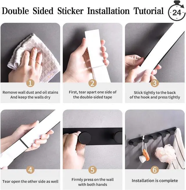 Alt view image 4 of 7 - Coat Hooks Wall Mounted , Black Coat Rack with 5 Hooks, Adhesive Or Screw