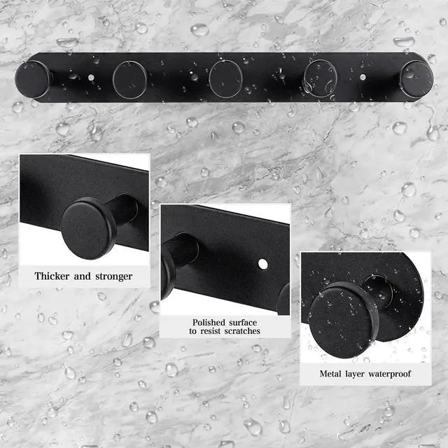 Alt view image 5 of 7 - Coat Hooks Wall Mounted , Black Coat Rack with 5 Hooks, Adhesive Or Screw