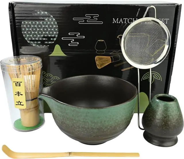 Main image of Matcha Whisk Set,Matcha Set Includes Ceramic Bowl with Spout,Stainless Sifter,Scoop,Whisk and Holder,Complete 5 Pcs Japanese Matcha Kit Making Tools,Green