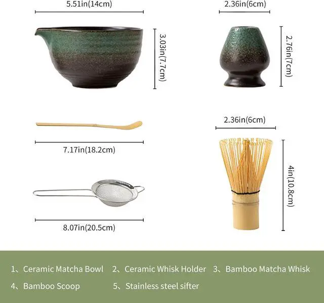 Alt view image 2 of 7 - Matcha Whisk Set,Matcha Set Includes Ceramic Bowl with Spout,Stainless Sifter,Scoop,Whisk and Holder,Complete 5 Pcs Japanese Matcha Kit Making Tools,Green