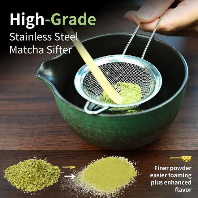 Alt view image 3 of 7 - Matcha Whisk Set,Matcha Set Includes Ceramic Bowl with Spout,Stainless Sifter,Scoop,Whisk and Holder,Complete 5 Pcs Japanese Matcha Kit Making Tools,Green
