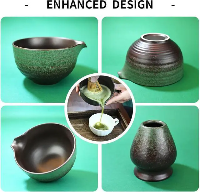 Alt view image 5 of 7 - Matcha Whisk Set,Matcha Set Includes Ceramic Bowl with Spout,Stainless Sifter,Scoop,Whisk and Holder,Complete 5 Pcs Japanese Matcha Kit Making Tools,Green